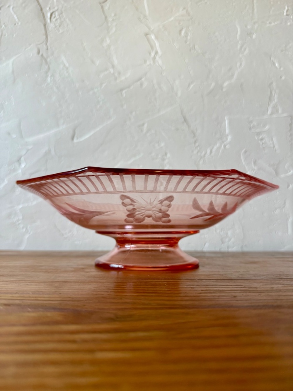 Vintage Depression Glass Pink Etched Glass Pedestal Compote Fruit Bowl - Picture 2 of 9